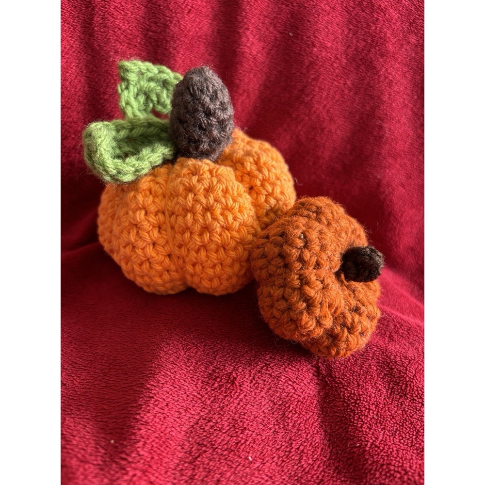 Handmade Orange Rust Stuft Crochet Pumpkins Brown Stem 4x3.5 2x1.5 Harvest Decor